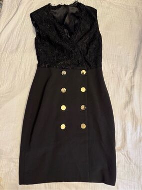 Marciano Black Lace Bodice Sheath Dress with Gold Buttons